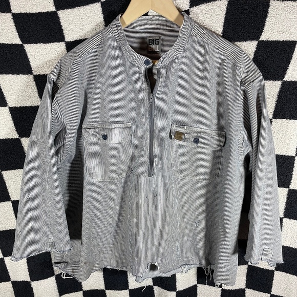 Vintage Big Bill Shirt 2XL Blue White Hickory Stripe Quarter Zip Thrashed Y2K - Picture 1 of 4